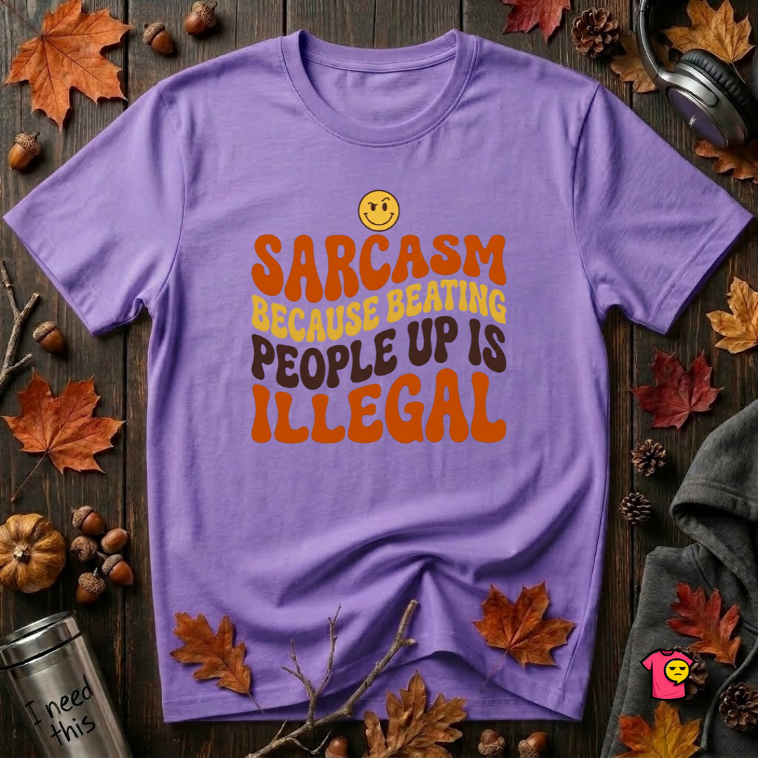 Sarcasm: Because Beating People Up Is Illegal retro smiley t-shirt in Heather Team Purple by Snarky Sarks