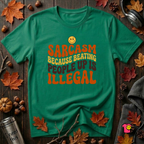 Sarcasm: Because Beating People Up Is Illegal retro smiley t-shirt in Kelly by Snarky Sarks