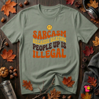Sarcasm: Because Beating People Up Is Illegal retro smiley t-shirt in Military Green by Snarky Sarks