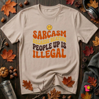 Sarcasm: Because Beating People Up Is Illegal retro smiley t-shirt in Natural by Snarky Sarks