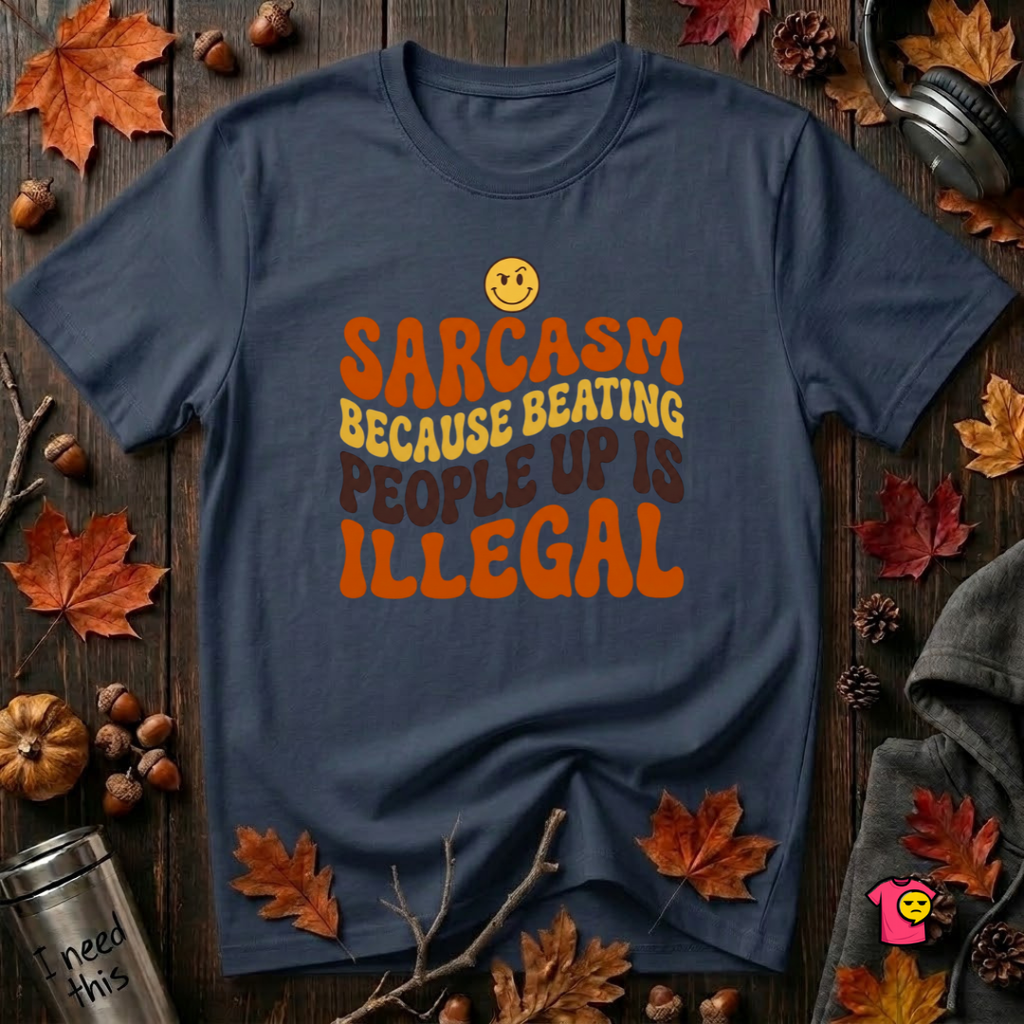 Sarcasm: Because Beating People Up Is Illegal retro smiley t-shirt in Navy by Snarky Sarks