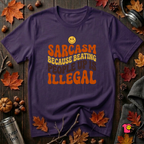 Sarcasm: Because Beating People Up Is Illegal retro smiley t-shirt in Purple by Snarky Sarks