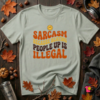 Sarcasm: Because Beating People Up Is Illegal retro smiley t-shirt in Sage by Snarky Sarks