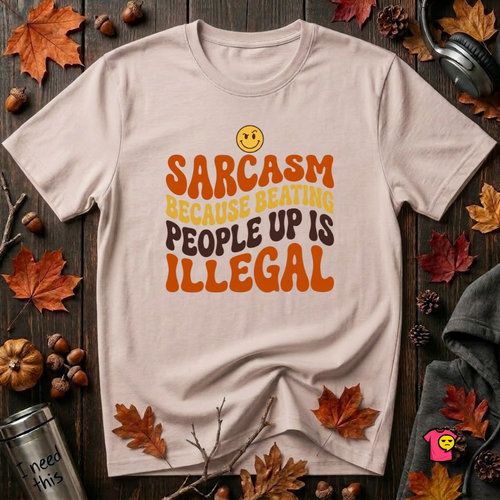 Sarcasm: Because Beating People Up Is Illegal retro smiley t-shirt in Soft Pink by Snarky Sarks