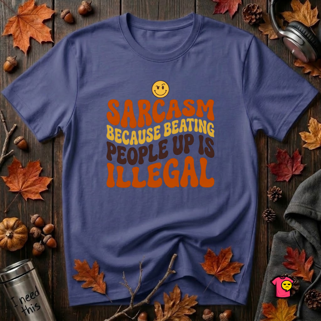 Sarcasm: Because Beating People Up Is Illegal retro smiley t-shirt in Team Navy by Snarky Sarks