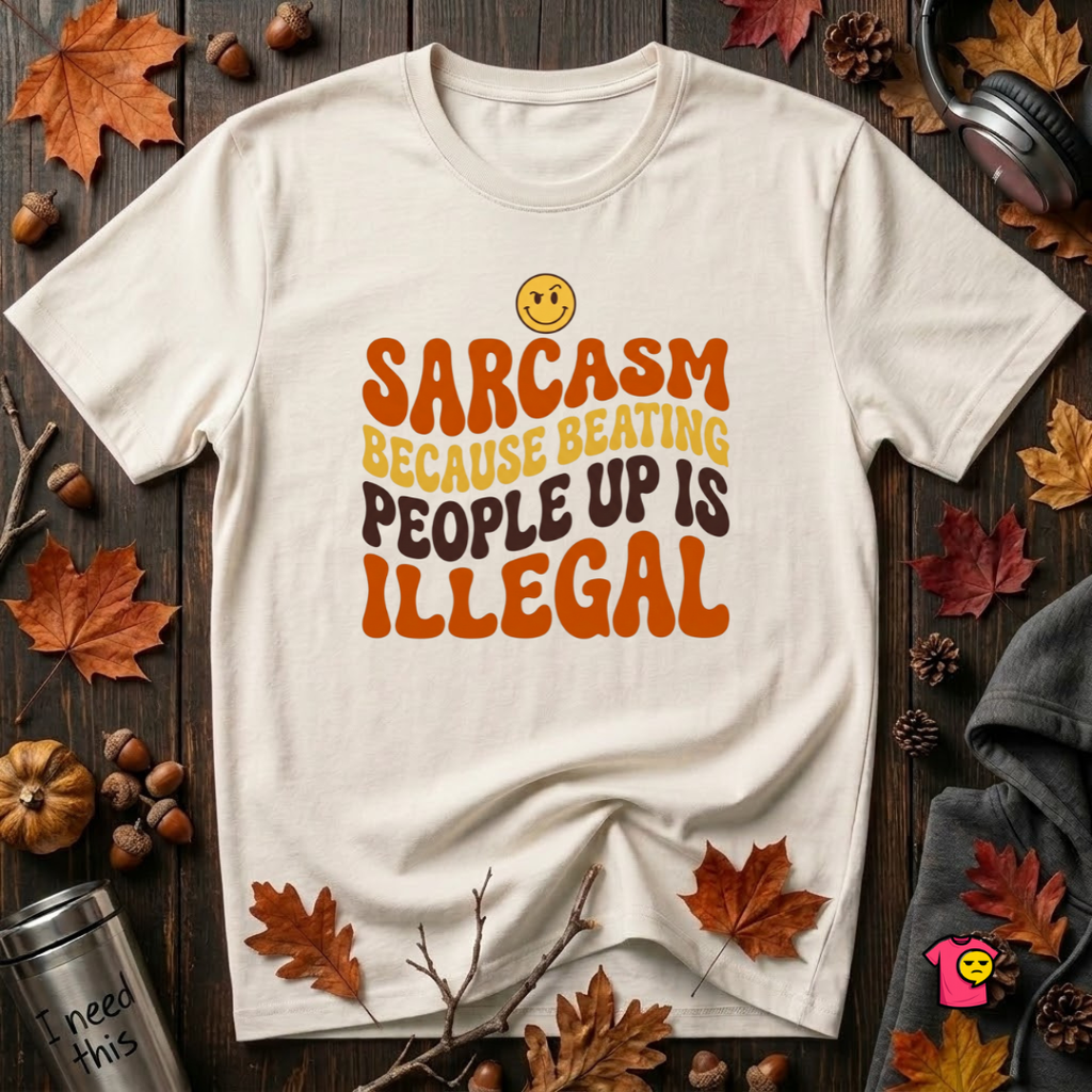 Sarcasm: Because Beating People Up Is Illegal retro smiley graphic t-shirt in White by Snarky Sarks