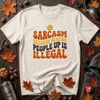 Sarcasm: Because Beating People Up Is Illegal retro smiley graphic t-shirt in White by Snarky Sarks