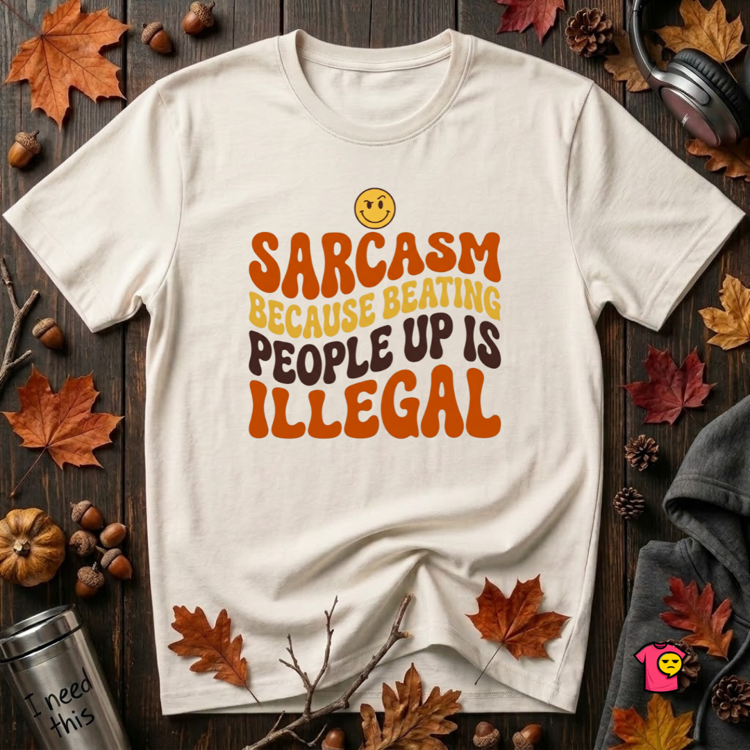 Sarcasm: Because Beating People Up Is Illegal retro smiley graphic t-shirt in White by Snarky Sarks