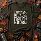 Sarcasm (Because Beating People Up Is Illegal) graphic t-shirt in Black by Snarky Sarks