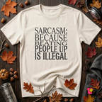 Sarcasm (Because Beating People Up Is Illegal) graphic t-shirt in White by Snarky Sarks