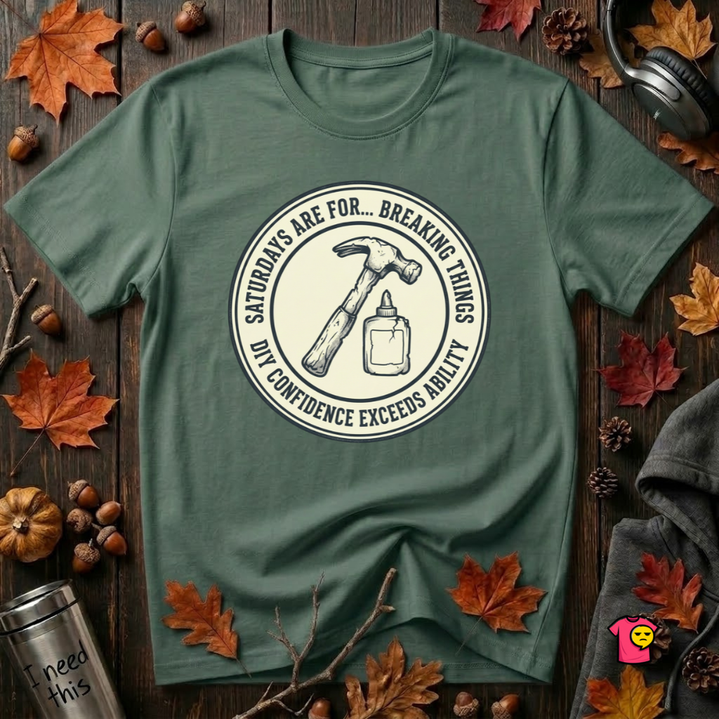 Saturdays are for Breaking Things sarcastic DIY t-shirt in Heather Forest by Snarky Sarks