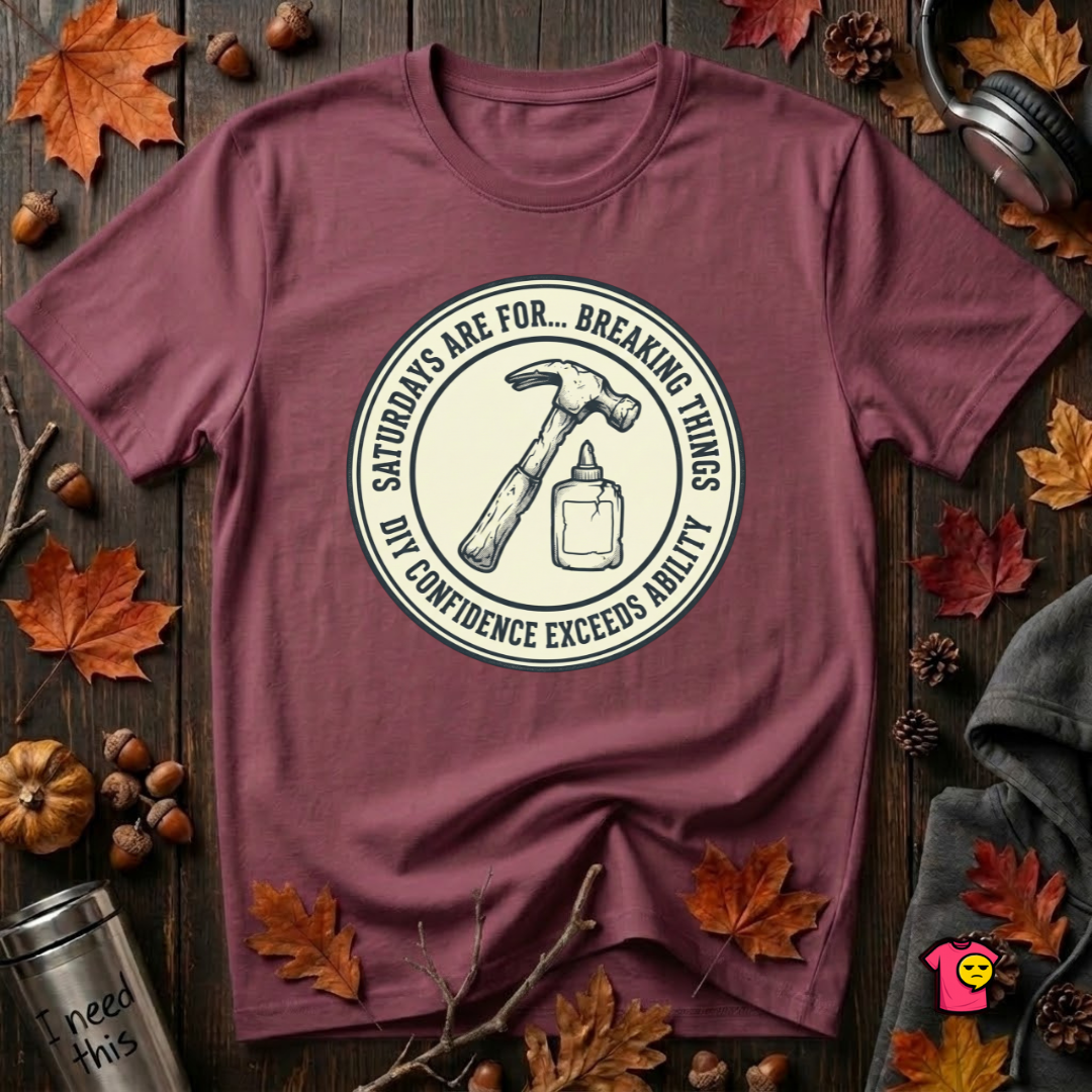 Saturdays are for Breaking Things sarcastic DIY t-shirt in Maroon by Snarky Sarks