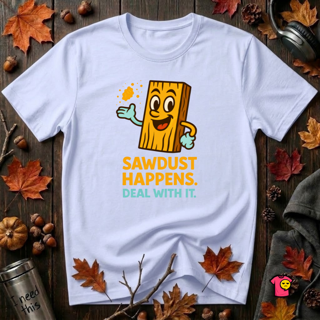 Sawdust Happens sarcastic woodworking t-shirt in Ash by Snarky Sarks