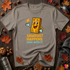 Sawdust Happens sarcastic woodworking t-shirt in Asphalt by Snarky Sarks