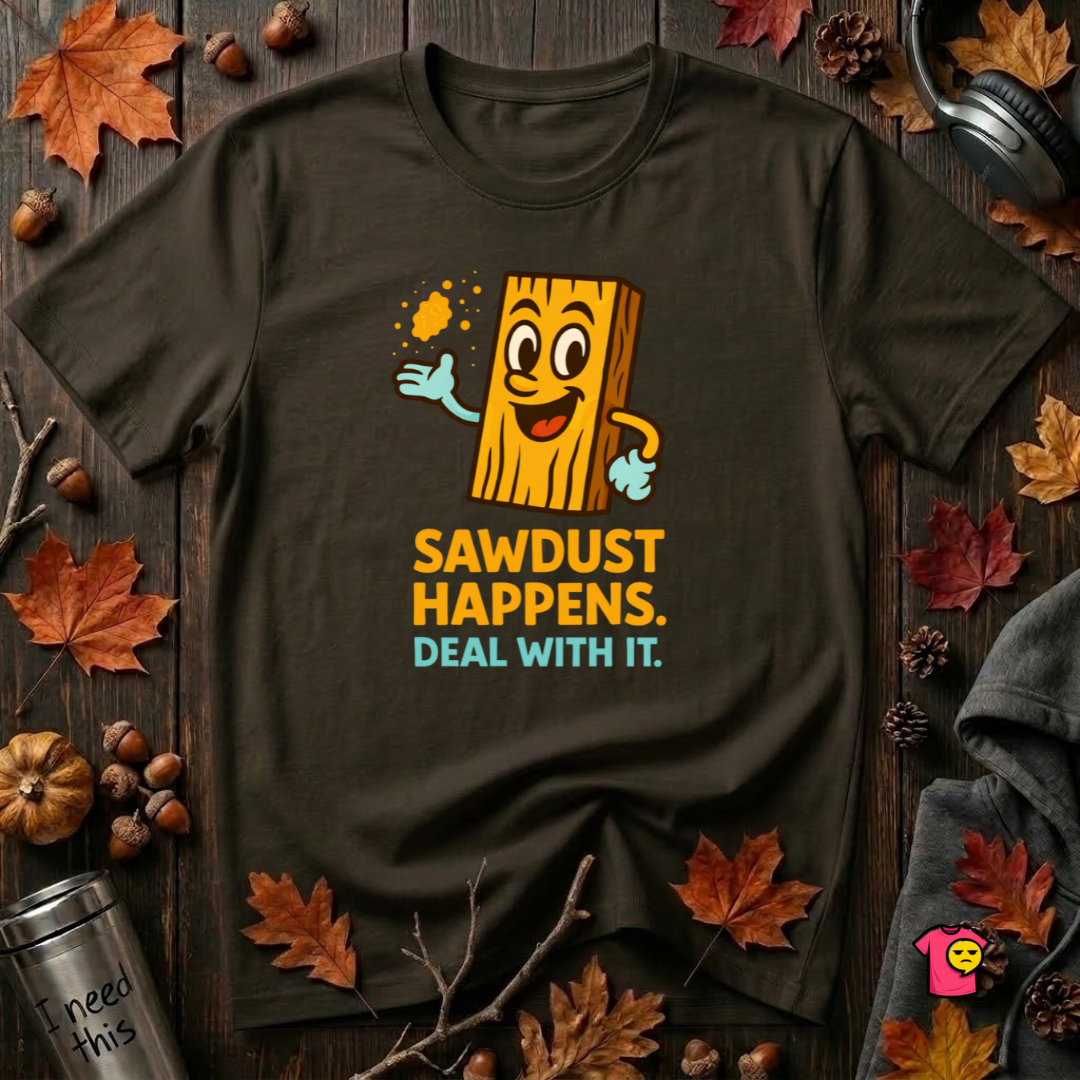 Sawdust Happens sarcastic woodworking t-shirt in Black by Snarky Sarks