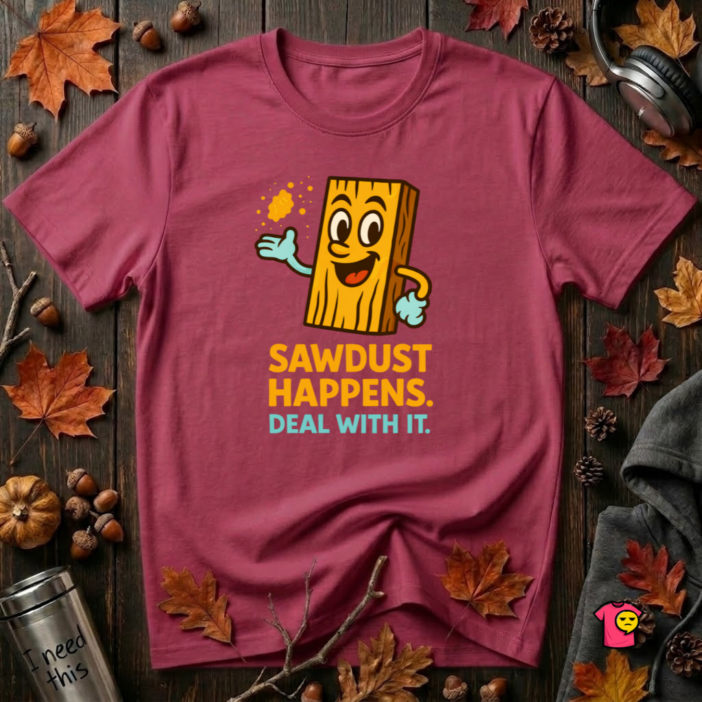 Sawdust Happens sarcastic woodworking t-shirt in Cardinal by Snarky Sarks