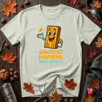Sawdust Happens sarcastic woodworking t-shirt in Citron by Snarky Sarks