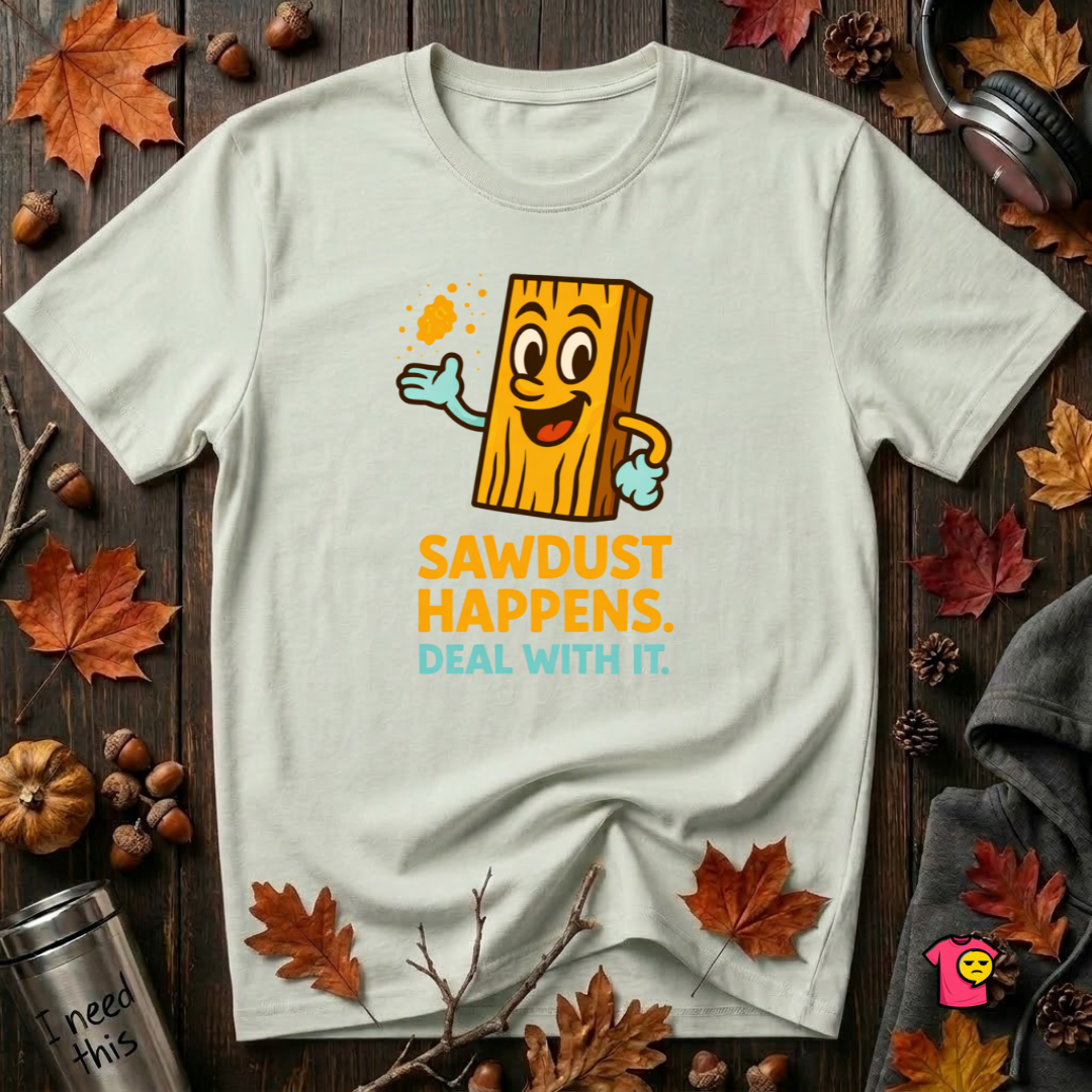 Sawdust Happens sarcastic woodworking t-shirt in Citron by Snarky Sarks
