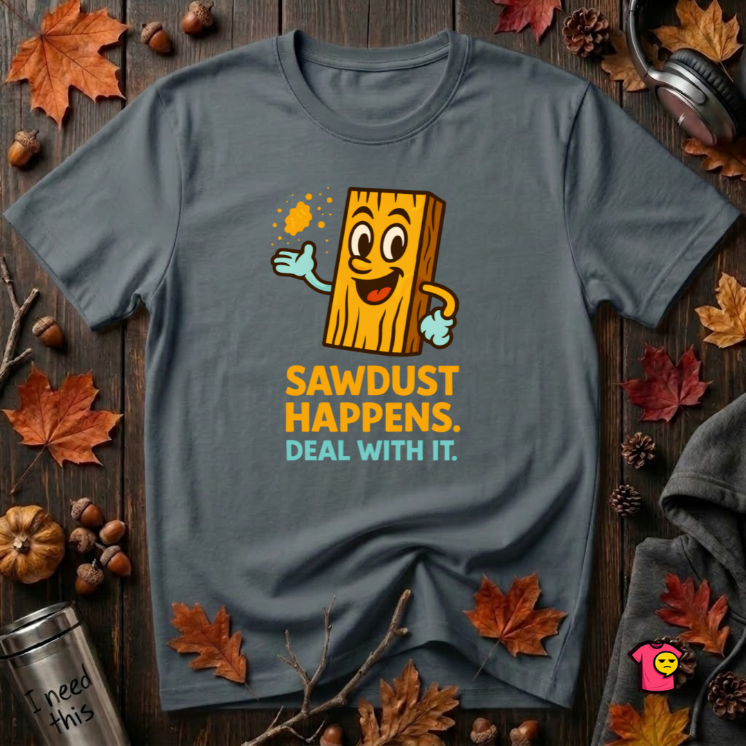 Sawdust Happens sarcastic woodworking t-shirt in Dark Gray by Snarky Sarks
