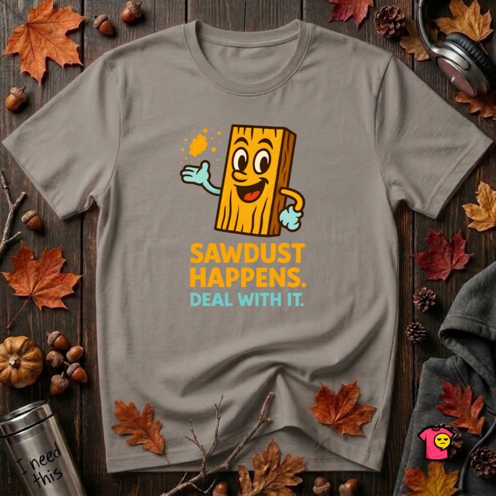 Sawdust Happens sarcastic woodworking t-shirt in Deep Heather by Snarky Sarks