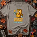 Sawdust Happens sarcastic woodworking t-shirt in Deep Heather by Snarky Sarks