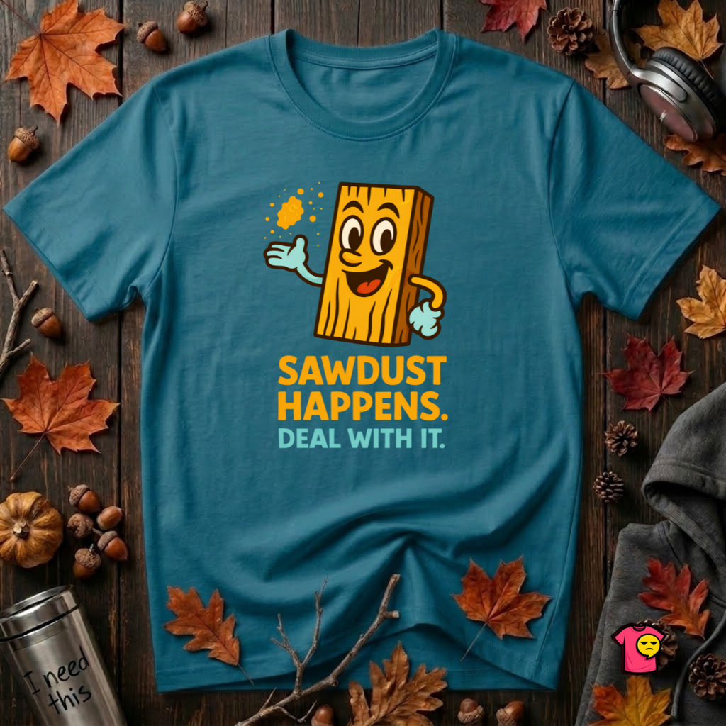 Sawdust Happens sarcastic woodworking t-shirt in Deep Teal by Snarky Sarks
