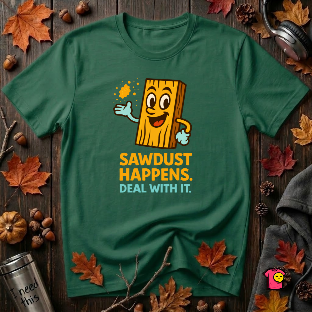 Sawdust Happens sarcastic woodworking t-shirt in Evergreen by Snarky Sarks