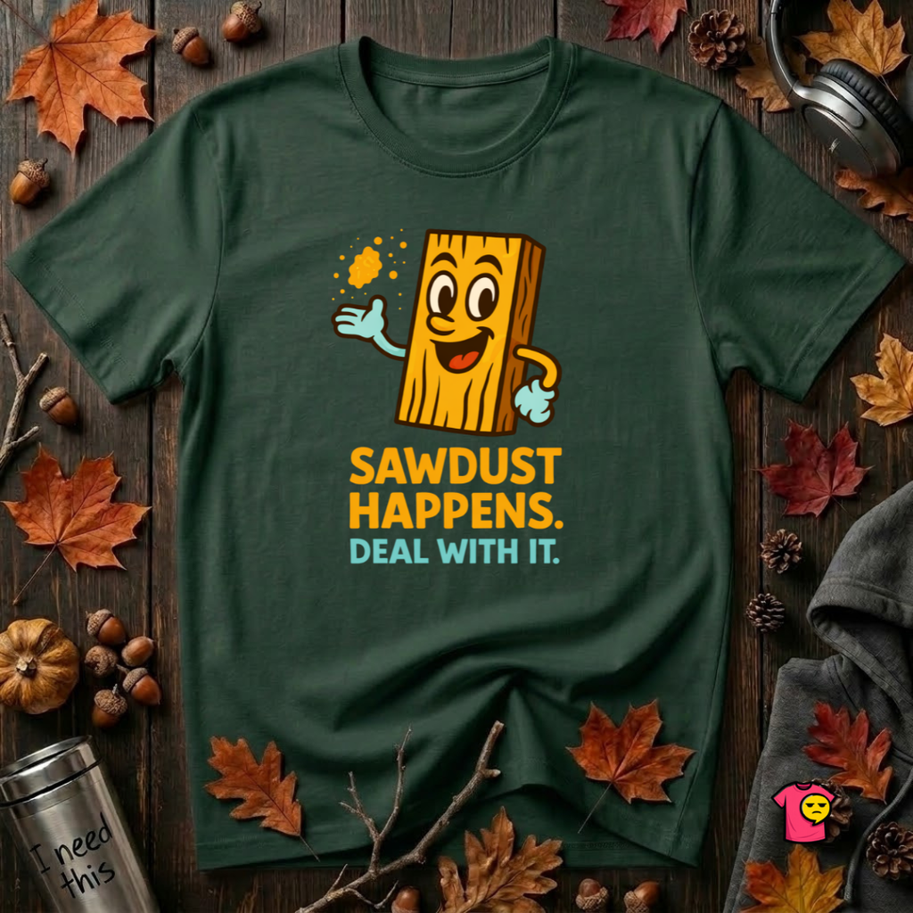 Sawdust Happens sarcastic graphic t-shirt in Forest by Snarky Sarks