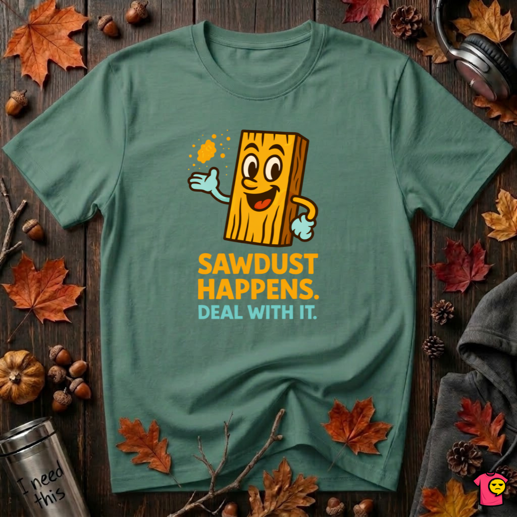 Sawdust Happens sarcastic woodworking t-shirt in Grass Green by Snarky Sarks