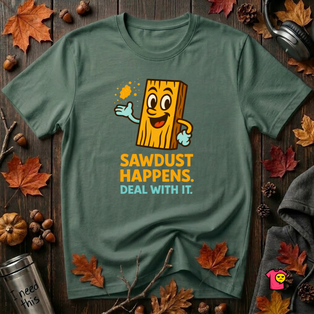 Sawdust Happens sarcastic woodworking t-shirt in Heather Forest by Snarky Sarks