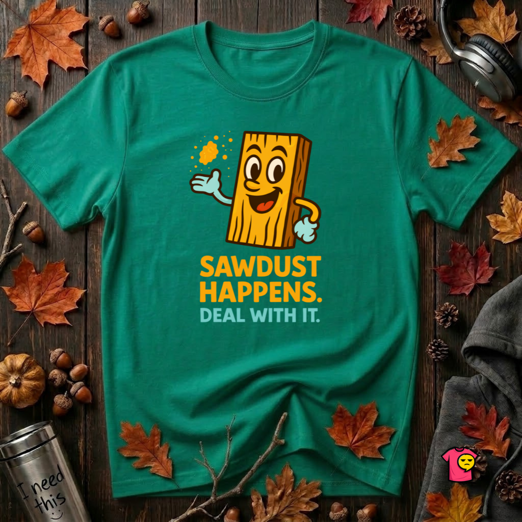 Sawdust Happens sarcastic woodworking t-shirt in Heather Kelly by Snarky Sarks