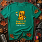 Sawdust Happens sarcastic woodworking t-shirt in Heather Kelly by Snarky Sarks