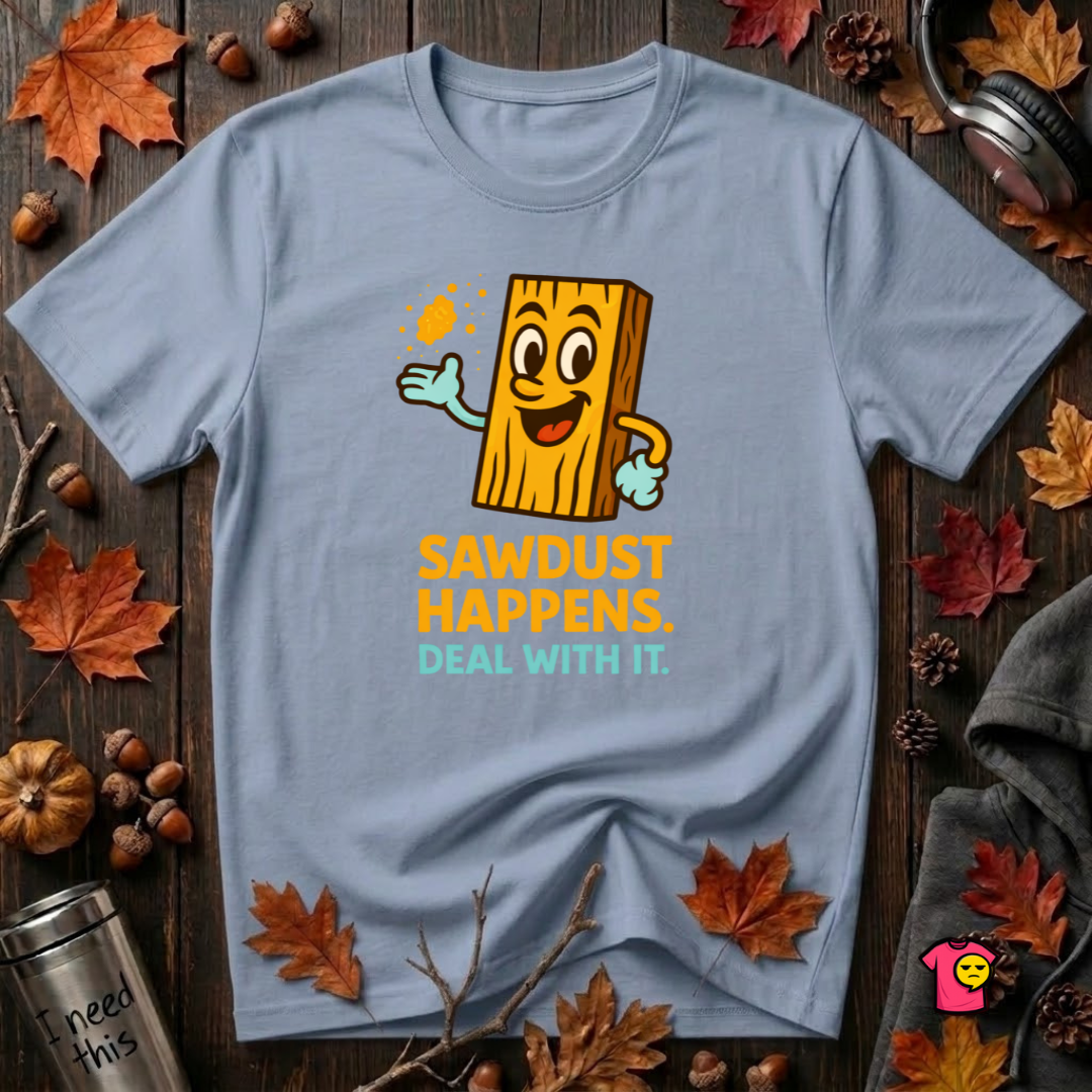 Sawdust Happens sarcastic woodworking t-shirt in Heather Prism Blue by Snarky Sarks