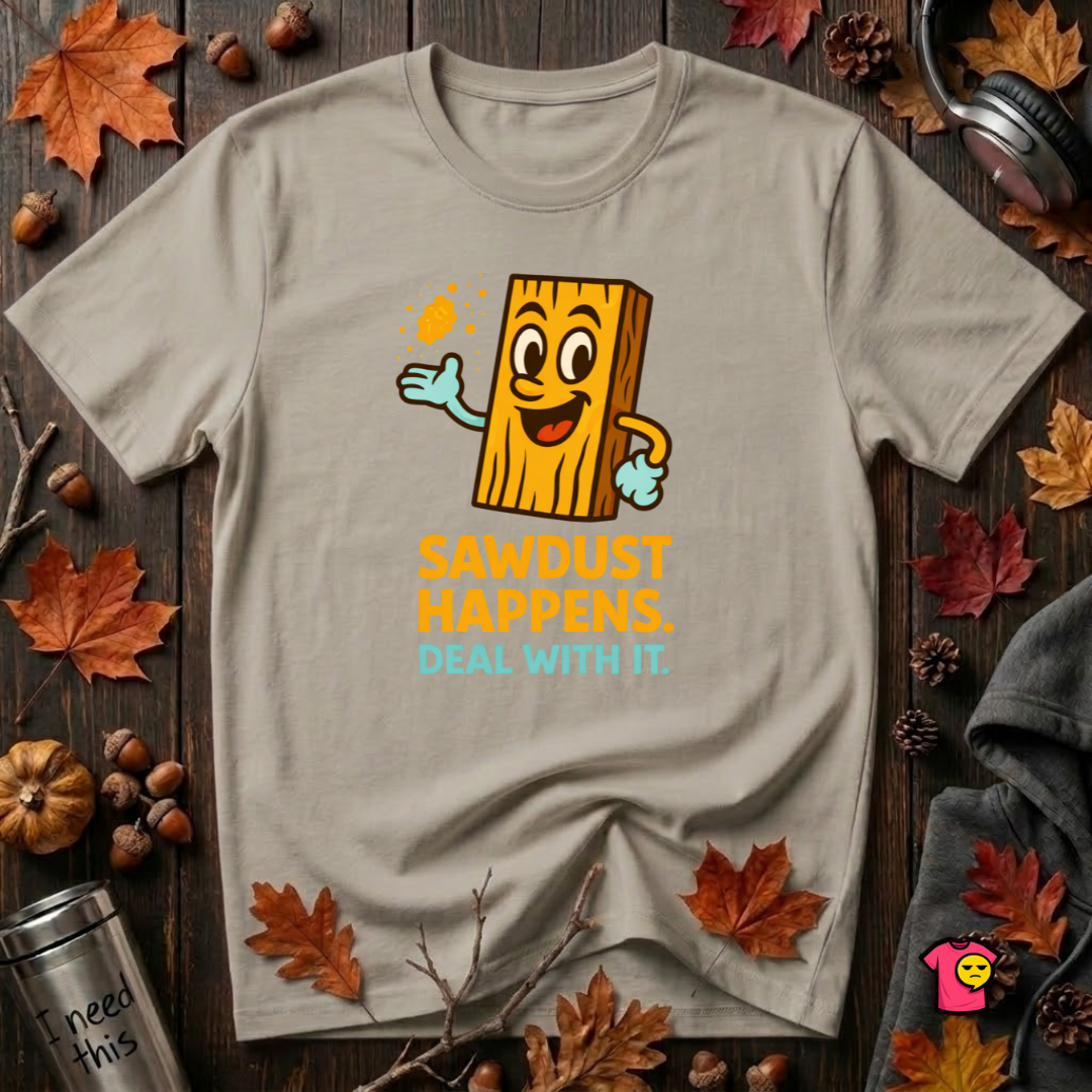 Sawdust Happens sarcastic woodworking t-shirt in Heather Stone by Snarky Sarks