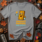 Sawdust Happens sarcastic woodworking t-shirt in Heather Storm by Snarky Sarks