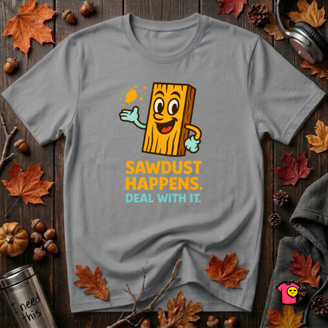 Sawdust Happens sarcastic woodworking t-shirt in Heather Storm by Snarky Sarks