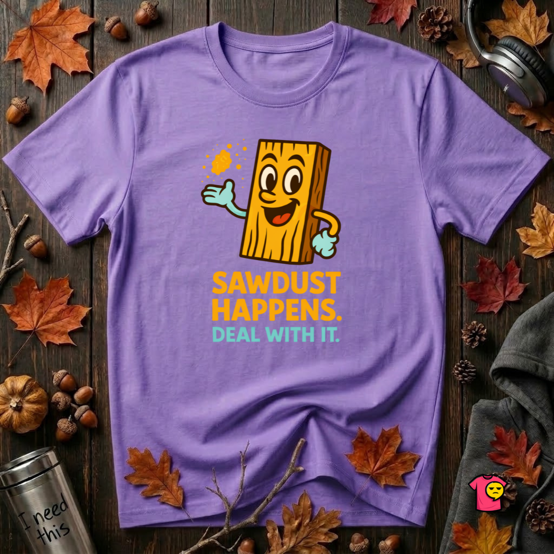 Sawdust Happens sarcastic woodworking t-shirt in Heather Team Purple by Snarky Sarks