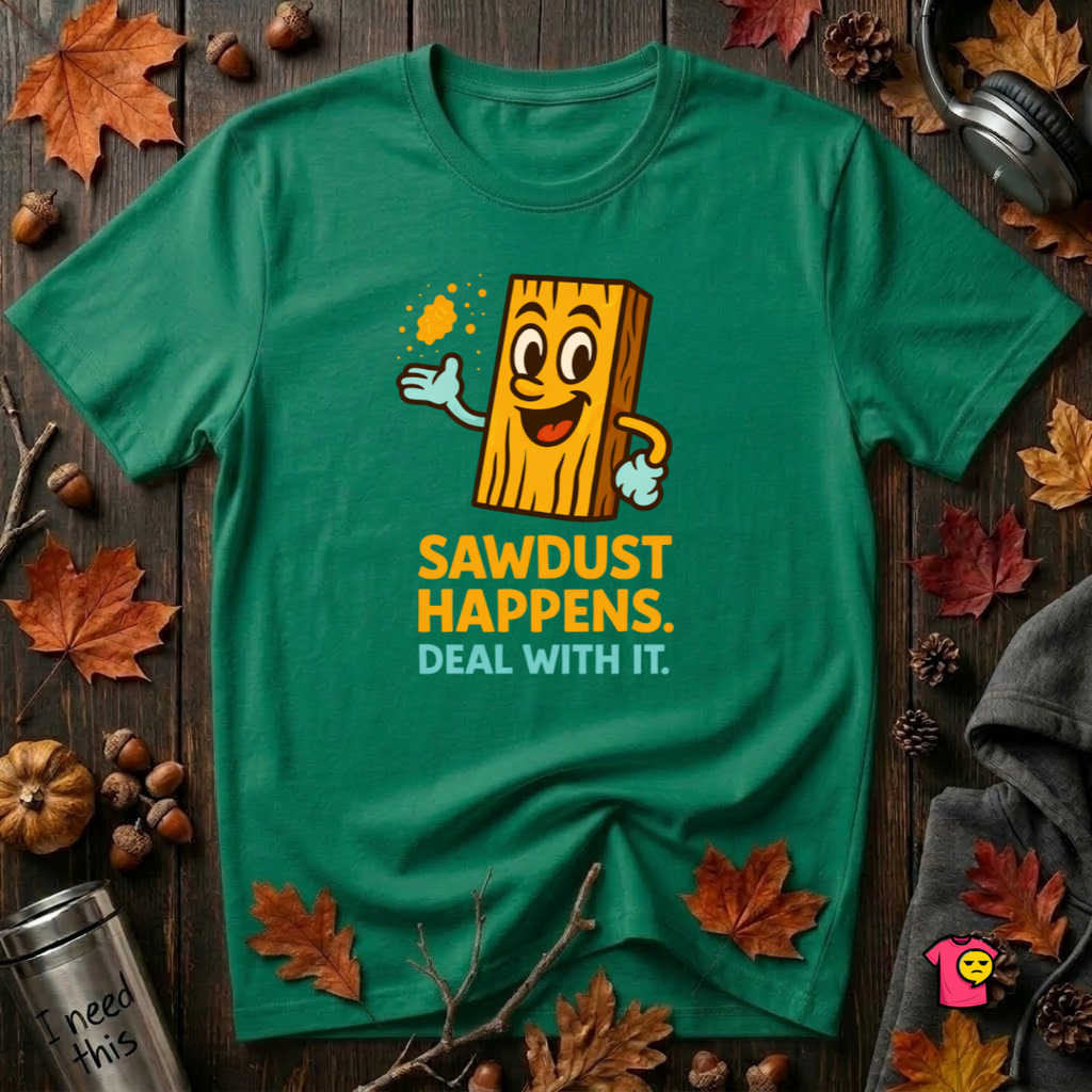 Sawdust Happens sarcastic woodworking t-shirt in Kelly by Snarky Sarks
