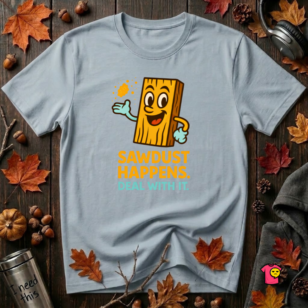 Sawdust Happens sarcastic woodworking t-shirt in Light Blue by Snarky Sarks