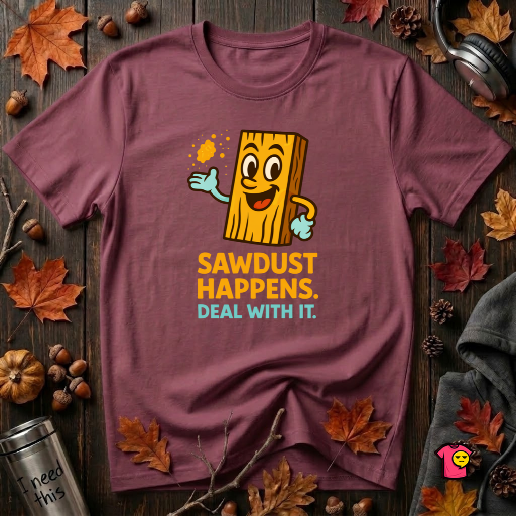 Sawdust Happens sarcastic woodworking t-shirt in Maroon by Snarky Sarks