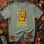 Sawdust Happens sarcastic woodworking t-shirt in Military Green by Snarky Sarks