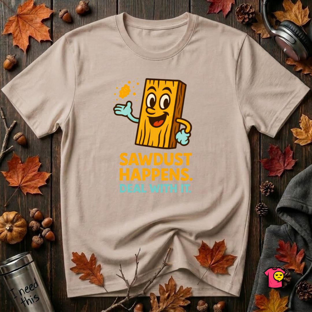 Sawdust Happens sarcastic woodworking t-shirt in Natural by Snarky Sarks