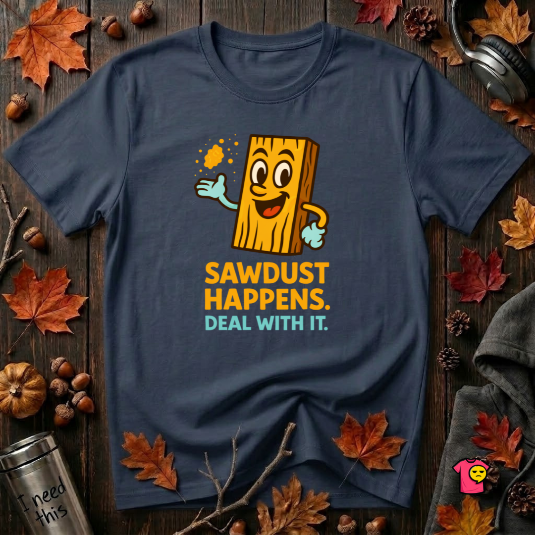 Sawdust Happens sarcastic woodworking t-shirt in Navy by Snarky Sarks