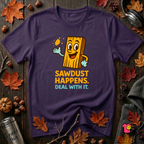 Sawdust Happens sarcastic woodworking t-shirt in Purple by Snarky Sarks