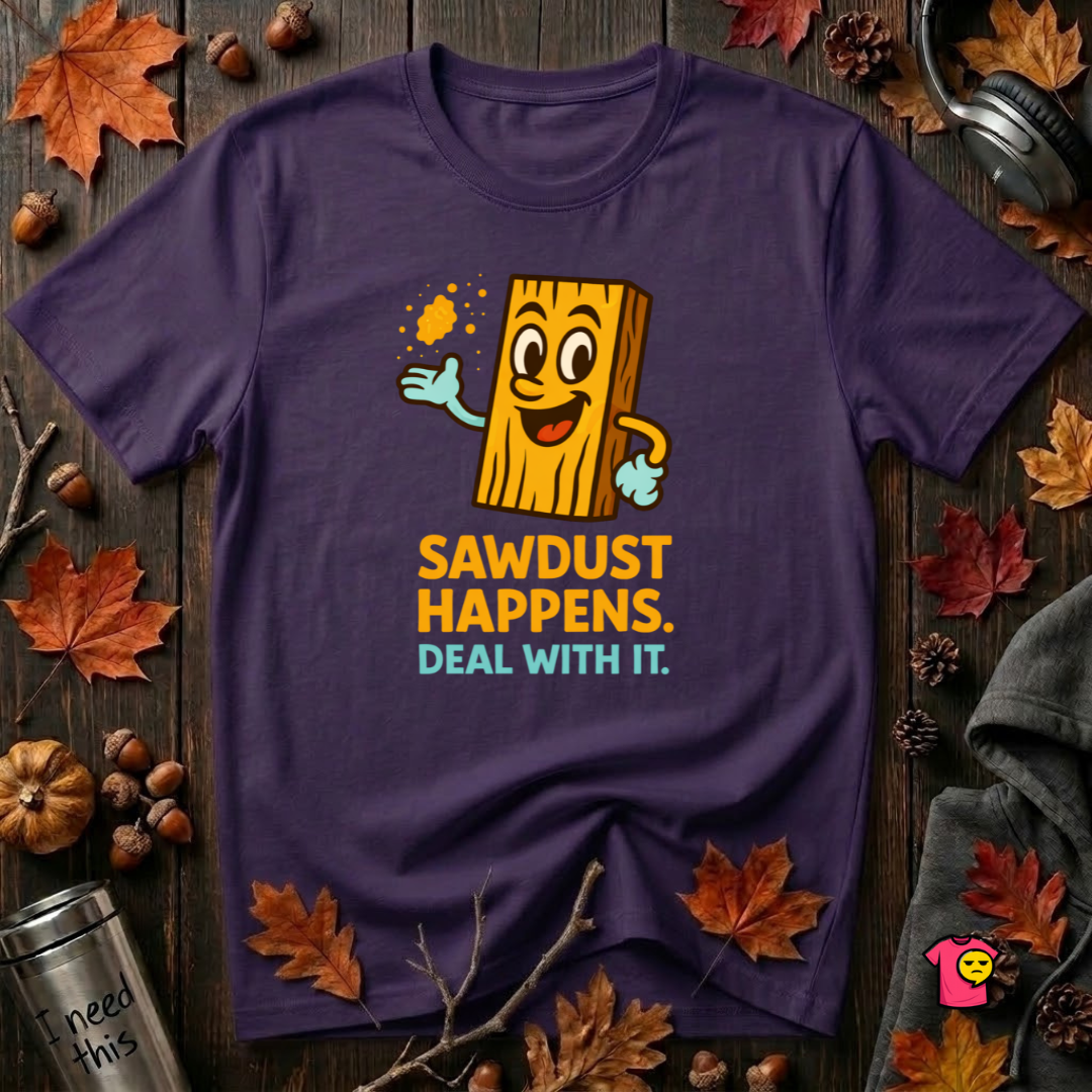 Sawdust Happens sarcastic woodworking t-shirt in Purple by Snarky Sarks