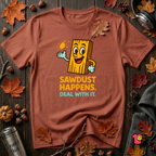 Sawdust Happens sarcastic woodworking t-shirt in Rust by Snarky Sarks