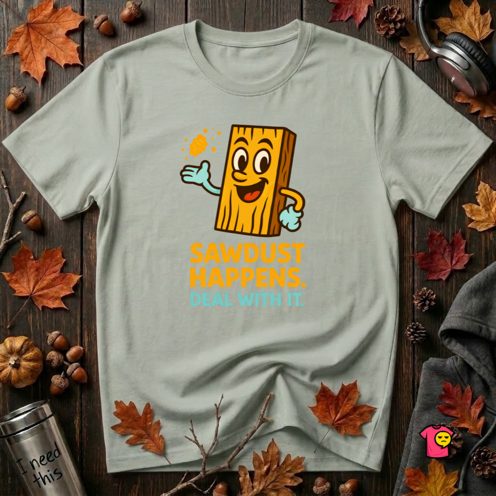 Sawdust Happens sarcastic woodworking t-shirt in Sage by Snarky Sarks
