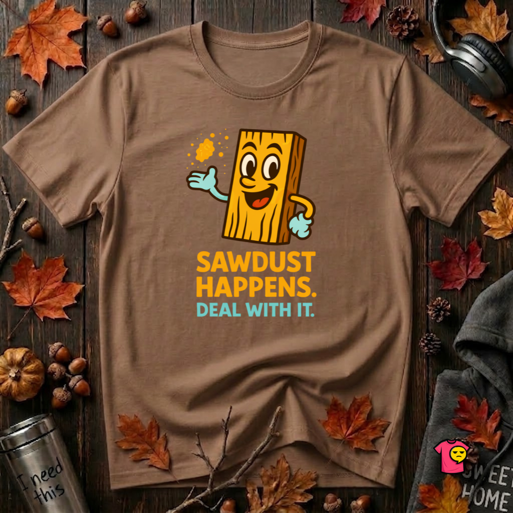 Sawdust Happens sarcastic woodworking t-shirt in Sand Dune by Snarky Sarks