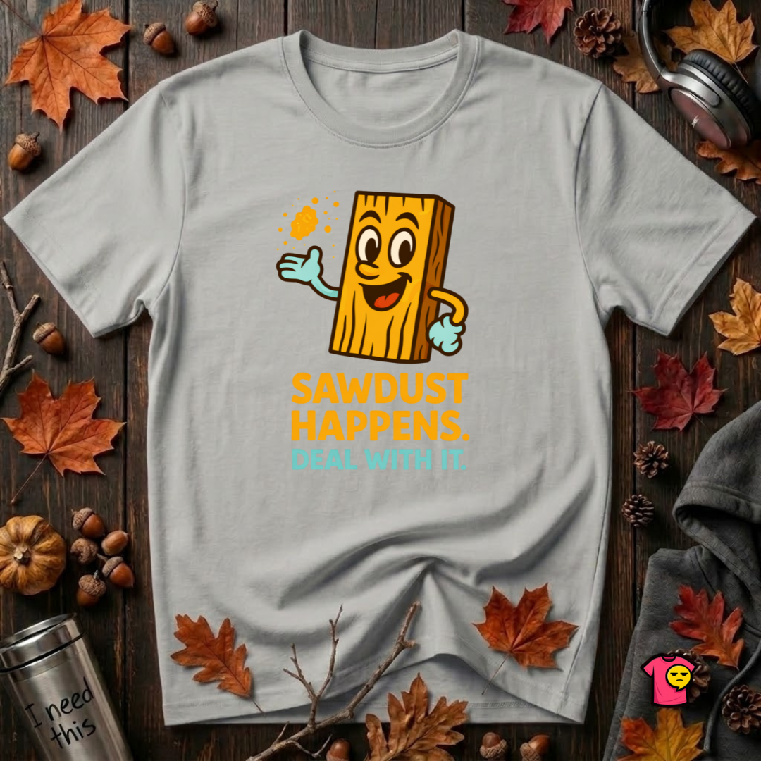 Sawdust Happens sarcastic woodworking t-shirt in Silver by Snarky Sarks