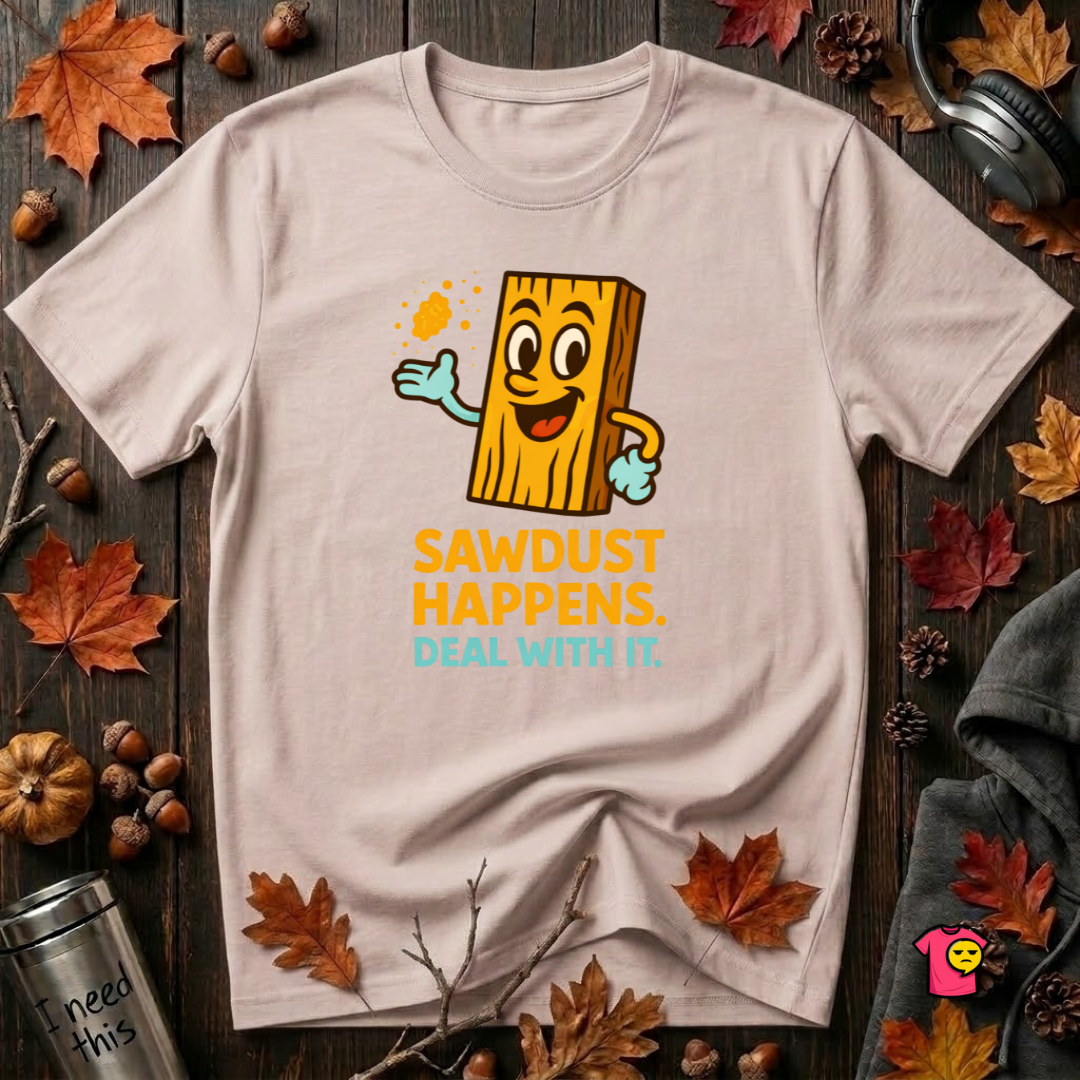 Sawdust Happens sarcastic woodworking t-shirt in Soft Pink by Snarky Sarks